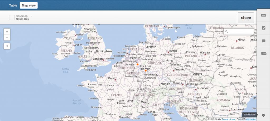 map view of the rows in cartoDB